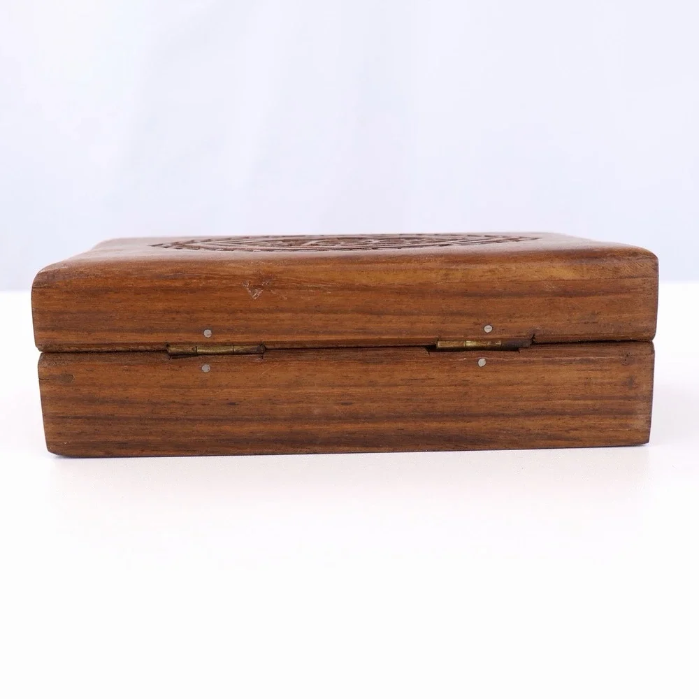 Vintage Hand Carved Wooden Trinket Box Floral Folk Art Jewelry Keepsake Box